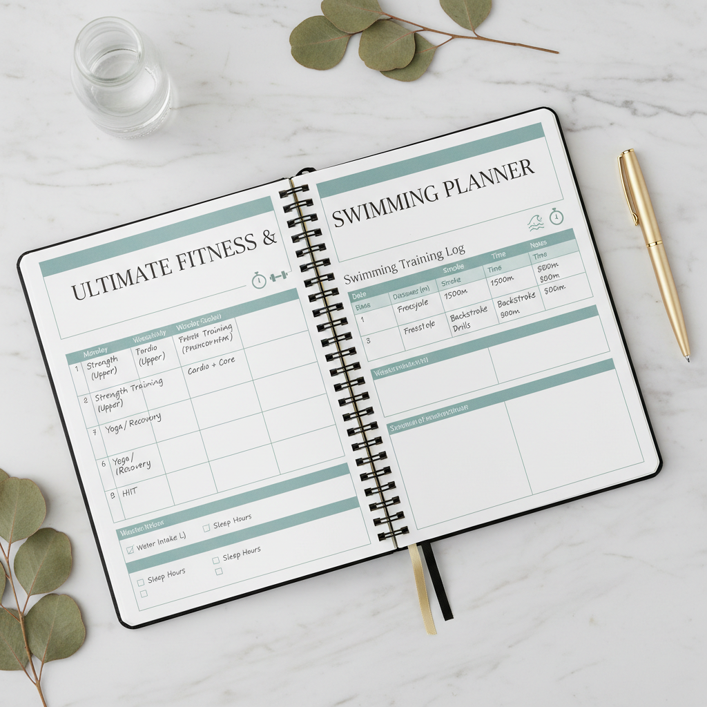 Ultimate Fitness & Swimming Planner A4 - planificateur ouvert sur fond marbre